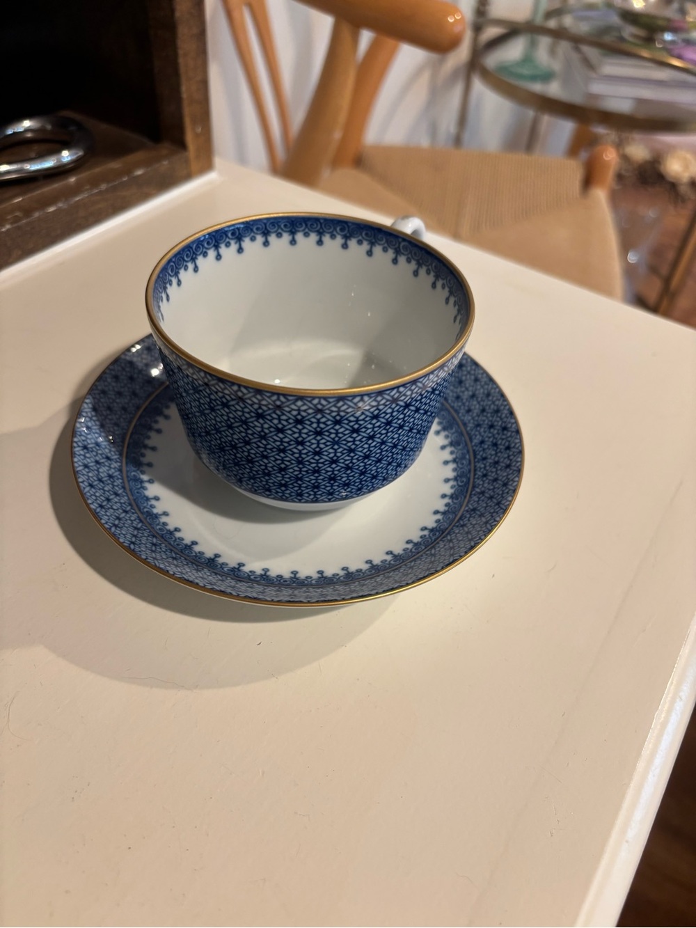 Mottahedeh Blue Lace Cup and Saucer with Gold Trim